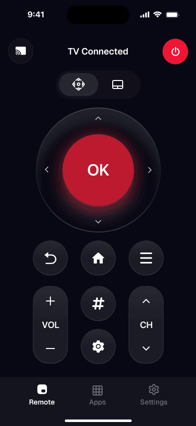 The Smart TV Remote app on iPhone: a D-pad with an OK button, power, back, home, menu, volume and channel keys, with the TV connected.
