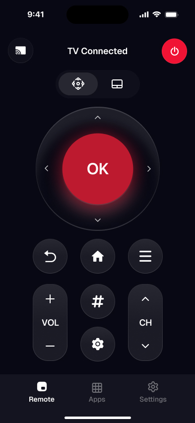 Smart TV Remote app screen: power, D-pad, volume and channel keys